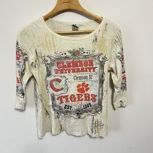 Vintage Clemson University Tiger Shirt Womens Large AOP 90s Mascot Sports Embell